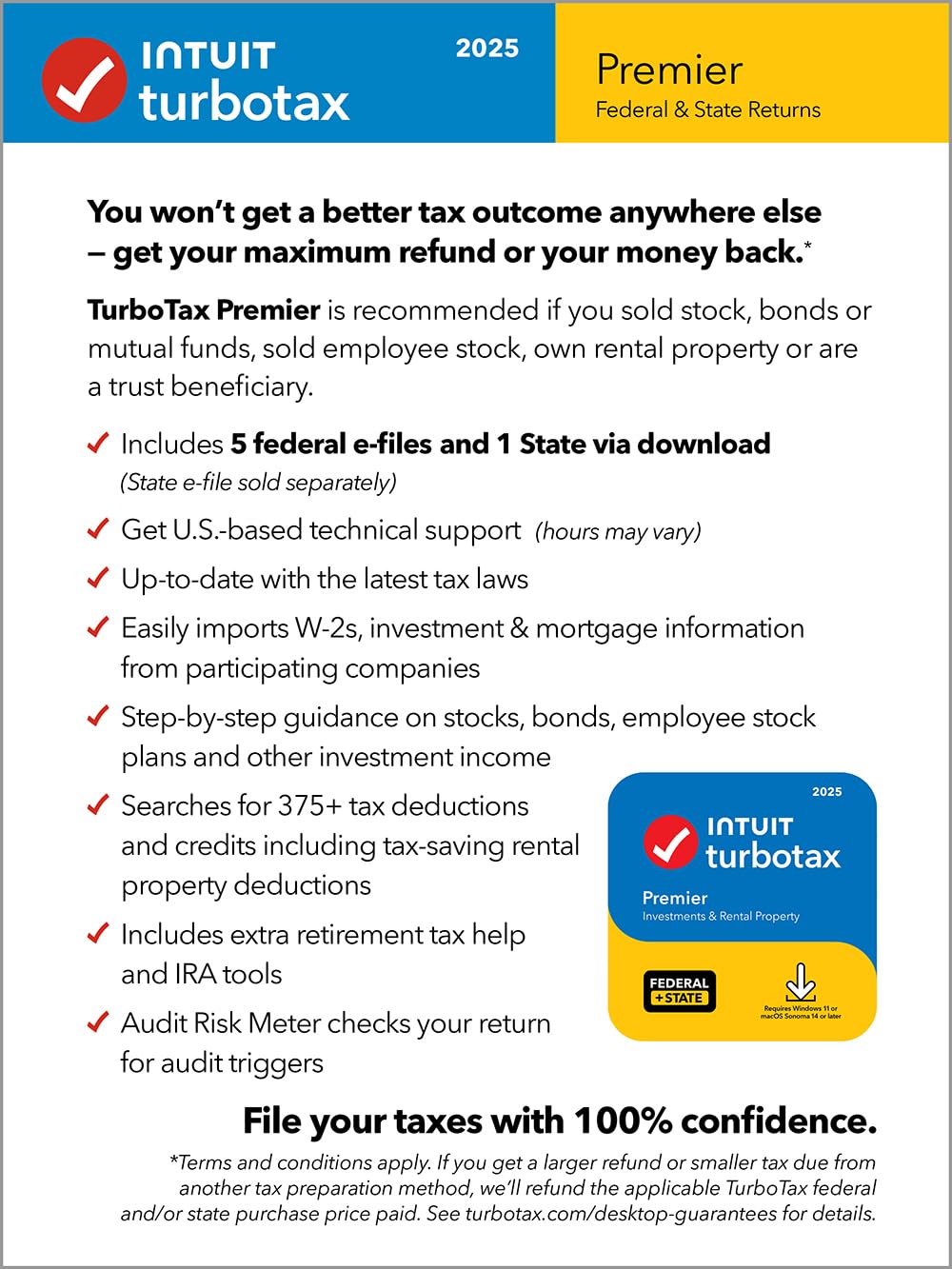 TurboTax Premier Desktop Edition 2025, Federal & State Tax Return [Win11/Mac14 Download]